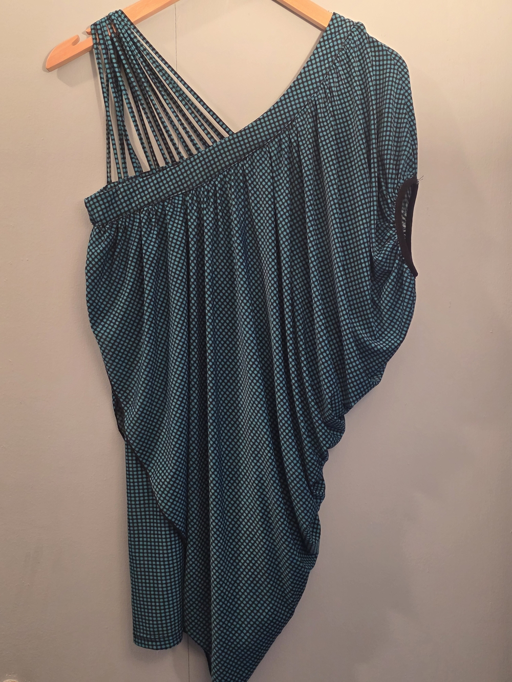 One-Shoulder Teal Geometric Draped Top with Strappy Shoulder